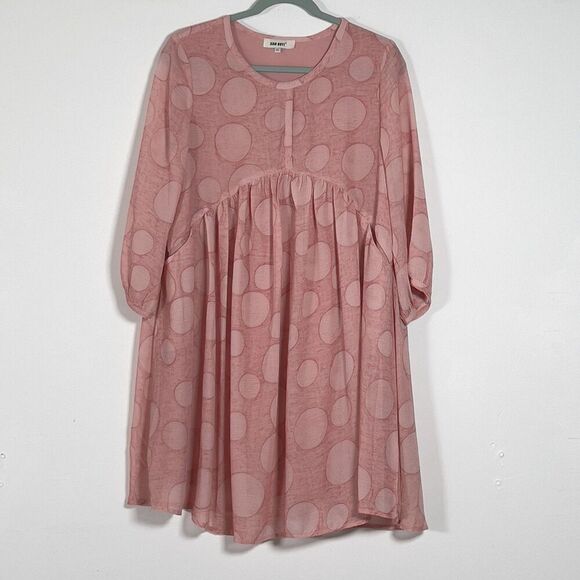 Jian Ruyi Mini Dress Sz XL Pink Polka Dot 3/4 Sleeve Relaxed Lagenlook - Picture 1 of 11